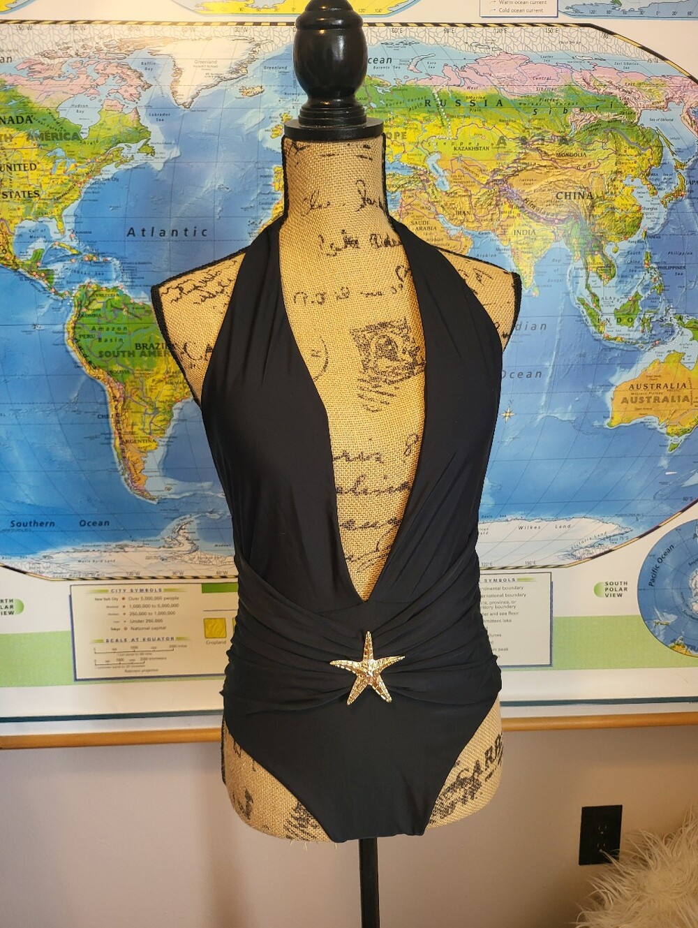 Black Halter One-Piece Swimsuit with Starfish Accent, Medium